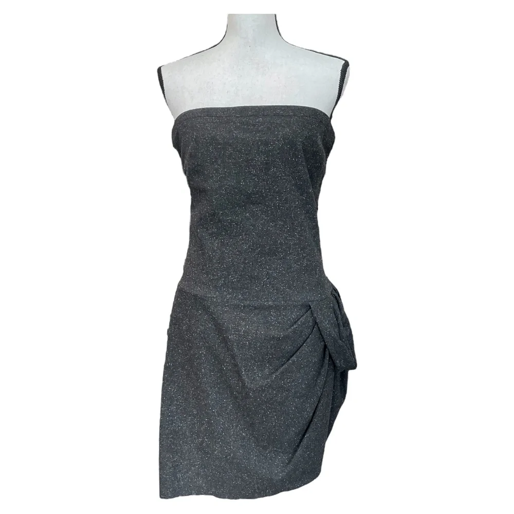2b. Rych Womens Dress Tulip Sheath Black Tweed Wool Strapless Ruched Mini 10 - Picture 3 of 13